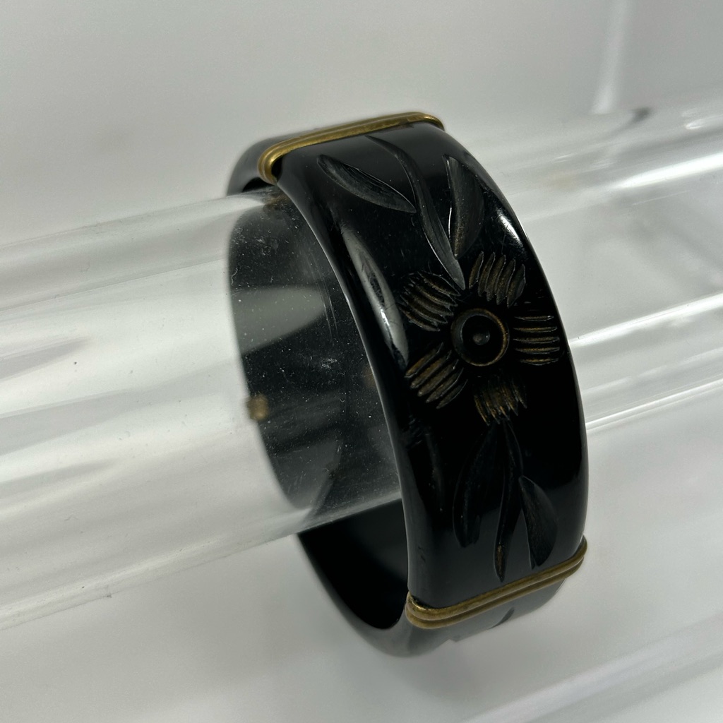 Bakelite Black Carved Floral Bracelet With Brass Accents